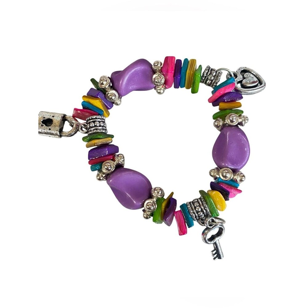 Purple Multicolor Beaded Stretch Bracelet Heart Lock and Key Charms Fun Jewelry